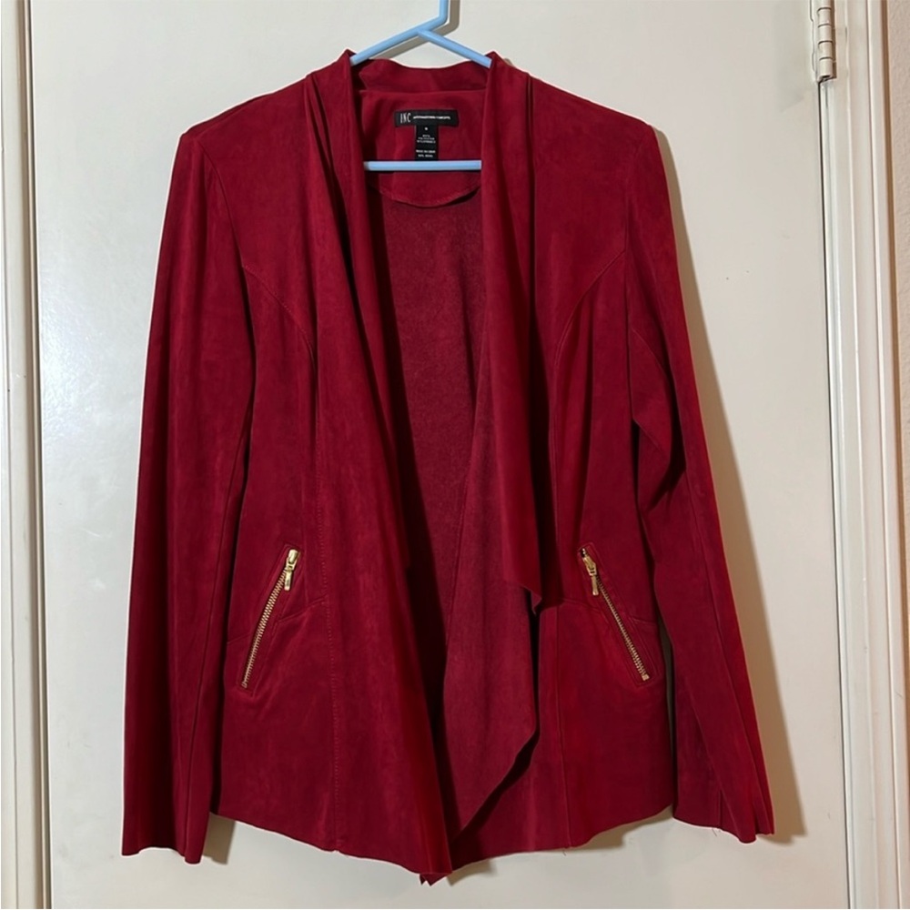 INC International Concepts Women’s Faux Leather Open Front Drape Neck Jacket